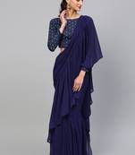 Inddus Navy Blue Georgette Solid Ruffle Saree