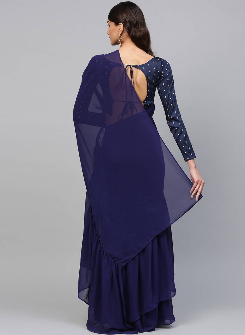 Inddus Navy Blue Georgette Solid Ruffle Saree