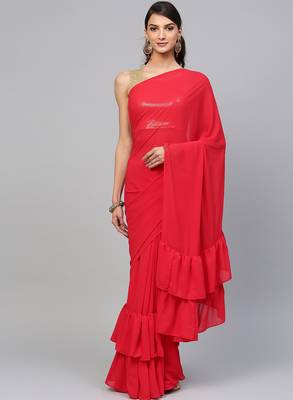 Inddus Red Georgette Solid Ruffle Saree 1