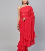 Inddus Red Georgette Solid Ruffle Saree