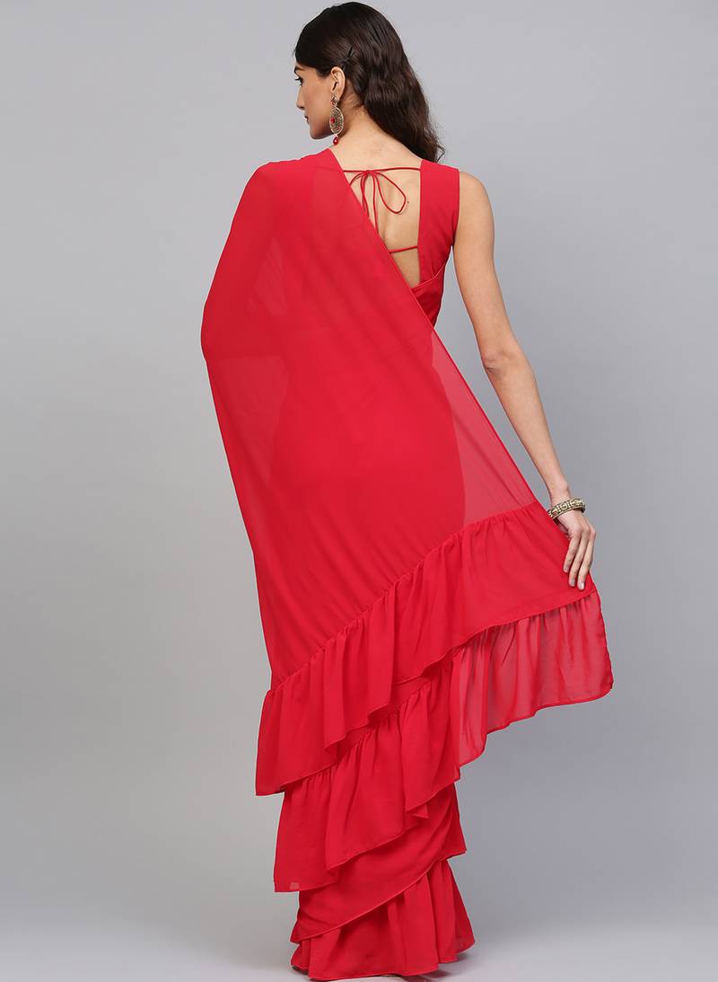 Inddus Red Georgette Solid Ruffle Saree