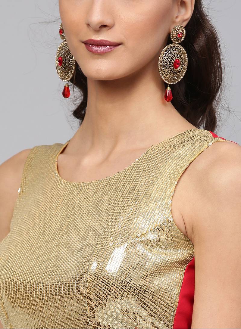 Inddus Red Georgette Solid Ruffle Saree