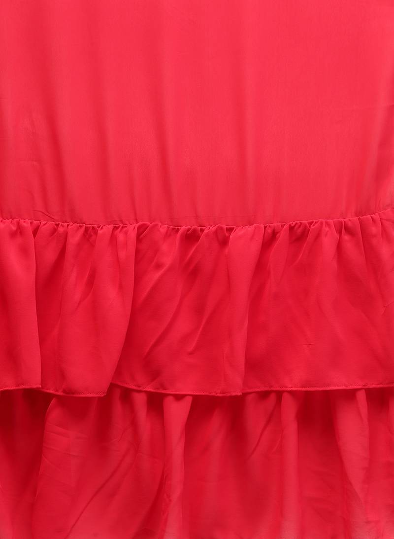 Inddus Red Georgette Solid Ruffle Saree