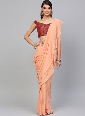 Inddus Peach Georgette Solid Ruffle Saree 1