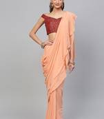 Inddus Peach Georgette Solid Ruffle Saree