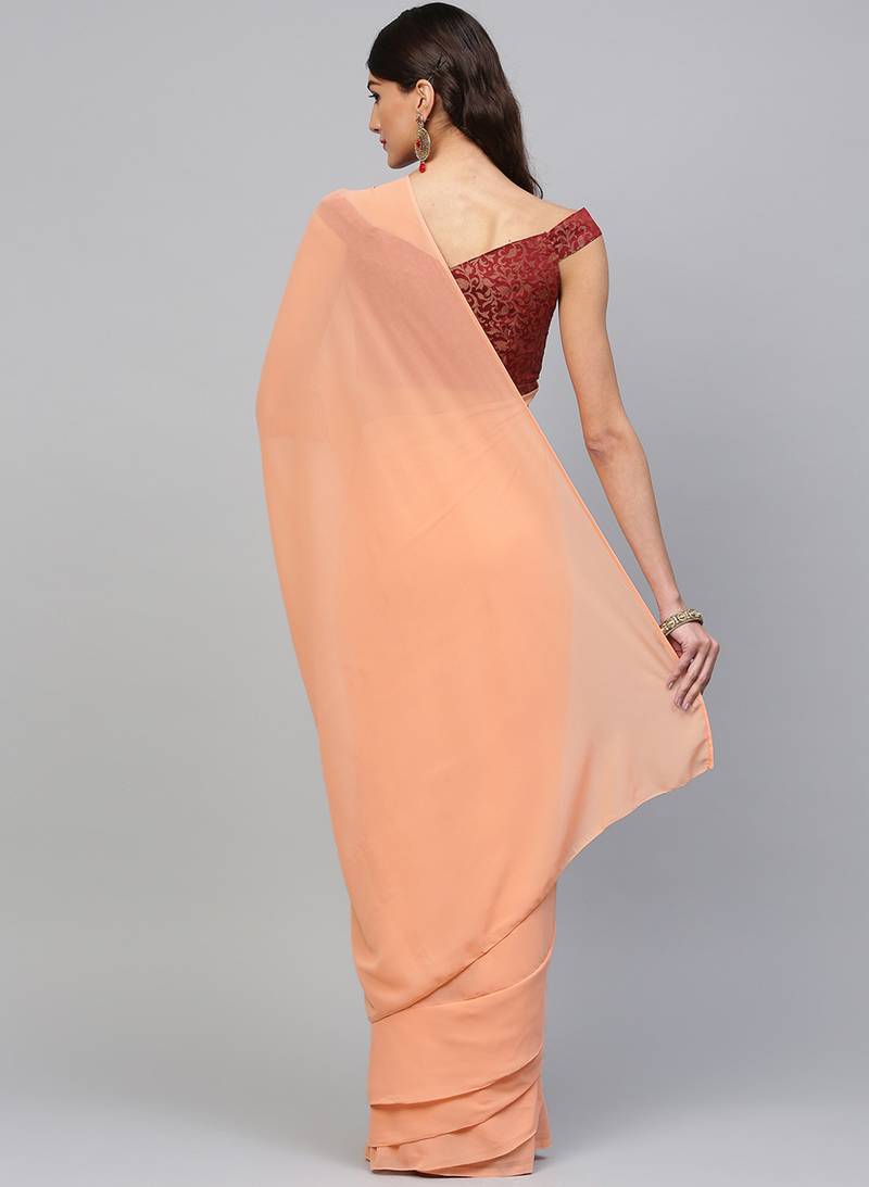 Inddus Peach Georgette Solid Ruffle Saree