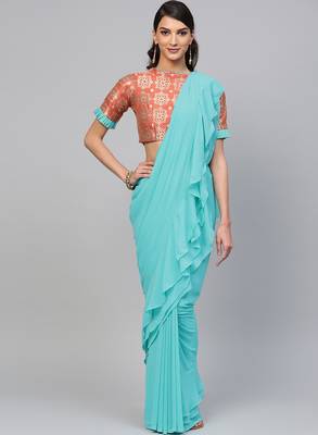 Inddus Sky Blue Georgette Solid Ruffle Saree 1