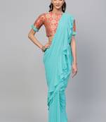 Inddus Sky Blue Georgette Solid Ruffle Saree