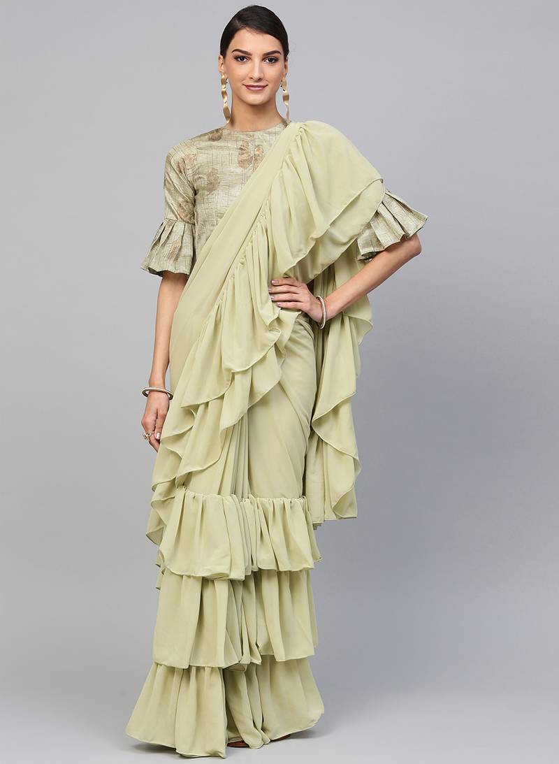 Inddus Pista Green Georgette Solid Ruffle Saree
