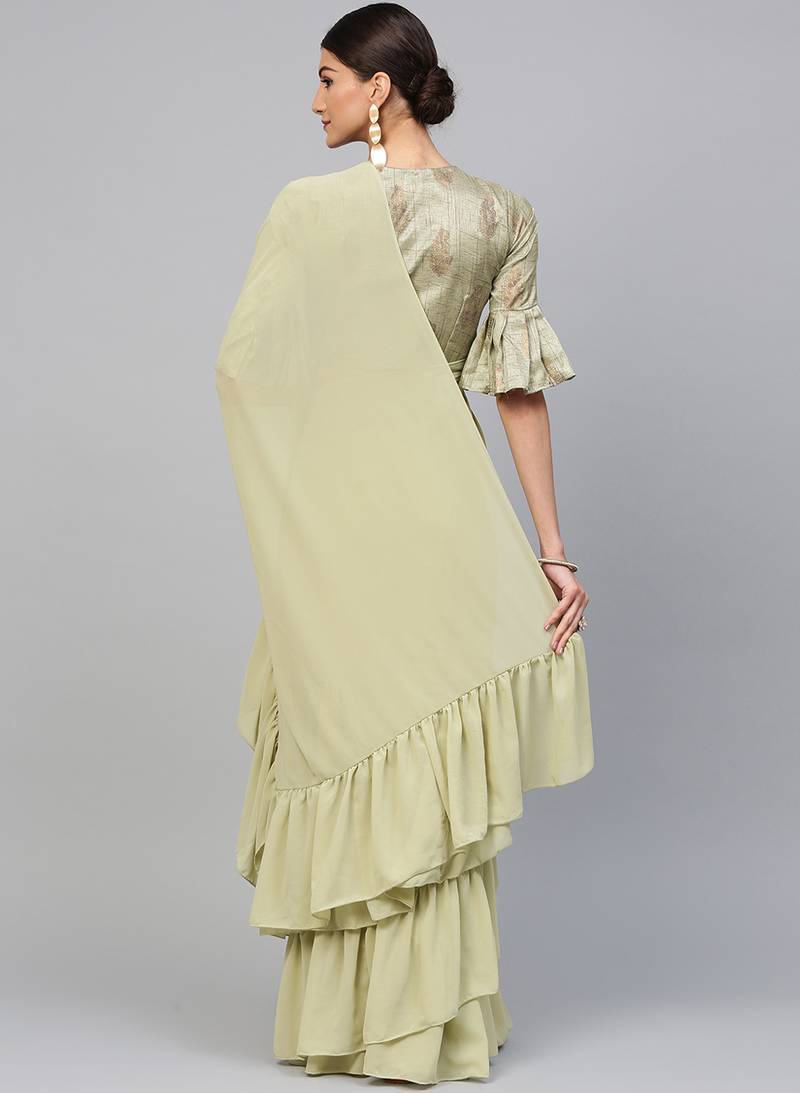 Inddus Pista Green Georgette Solid Ruffle Saree