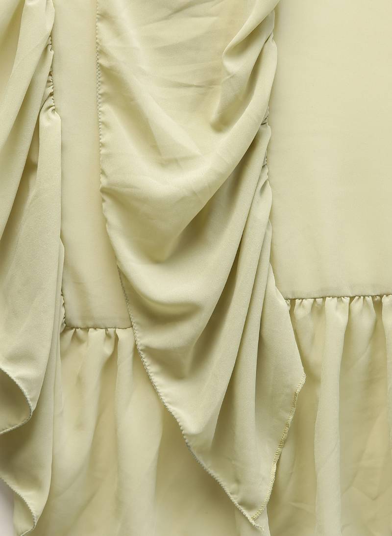 Inddus Pista Green Georgette Solid Ruffle Saree