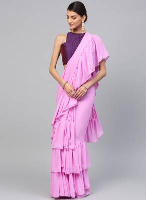 Inddus Lilac Georgette Solid Ruffle Saree 1