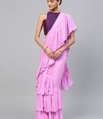 Inddus Lilac Georgette Solid Ruffle Saree