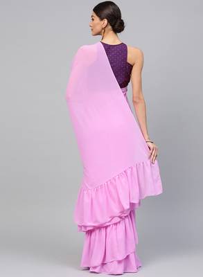 Inddus Lilac Georgette Solid Ruffle Saree 2