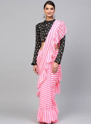 Inddus Pink Georgette Striped Ruffle Saree 1
