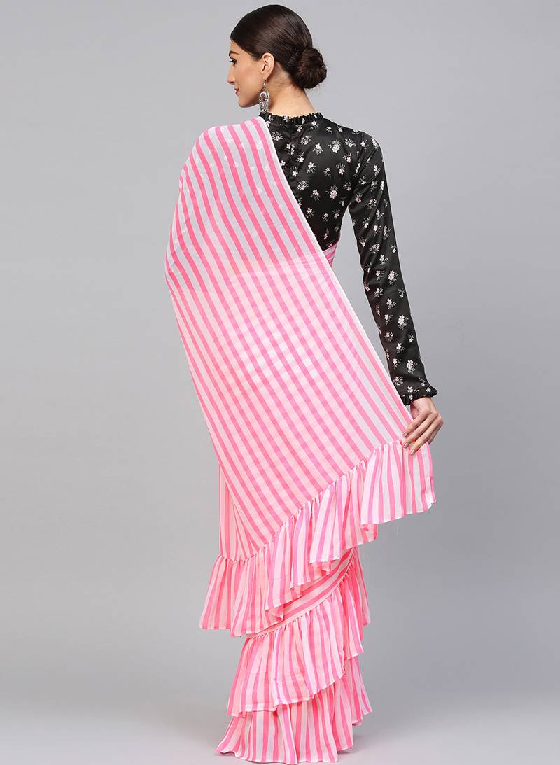 Inddus Pink Georgette Striped Ruffle Saree
