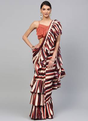 Inddus Multicolor Crepe Printed Ruffle Saree 1