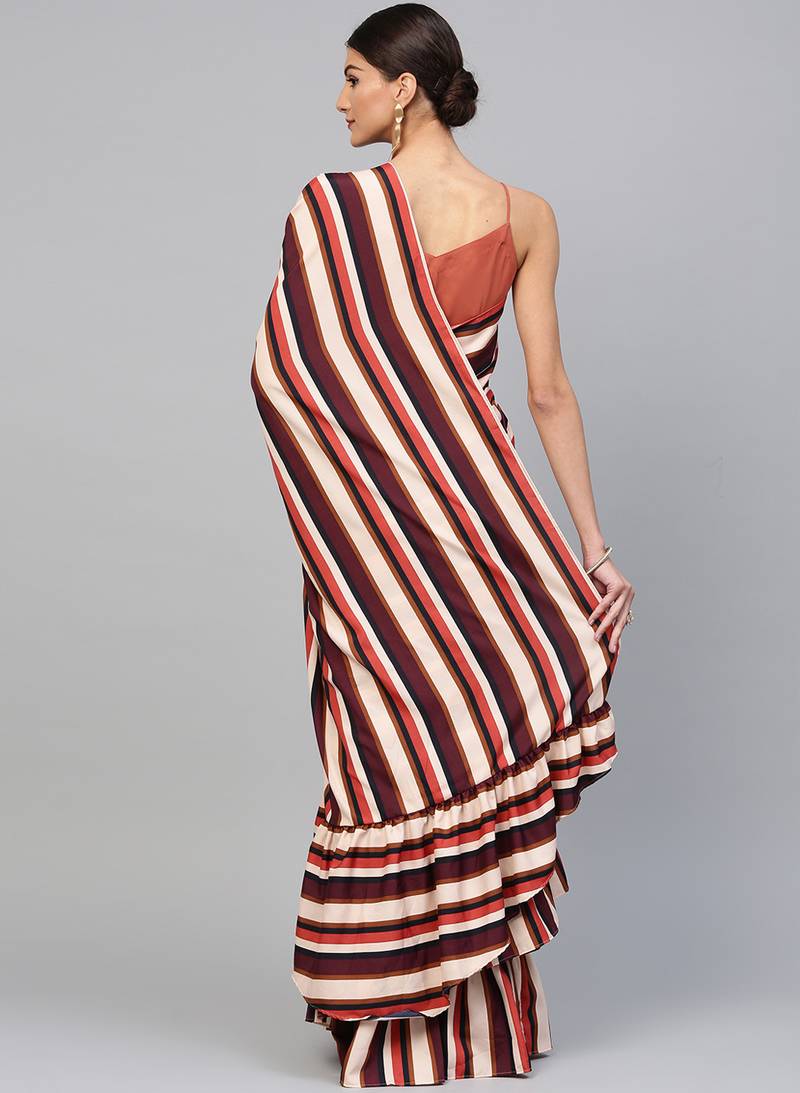 Inddus Multicolor Crepe Printed Ruffle Saree