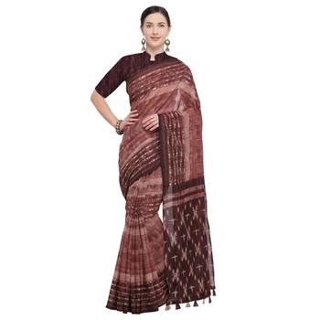 Wine Printed Linen Saree With Blouse 1