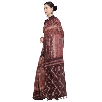 Wine Printed Linen Saree With Blouse 2