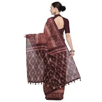 Wine Printed Linen Saree With Blouse 3