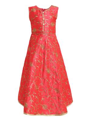 Red Embroidered Silk Kids-Girl-Gowns 1