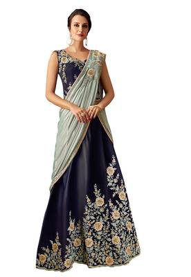 Blue Embroidered Taffeta Saree With Blouse 1