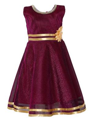 Maroon Embroidered Nylon Kids Frocks 1