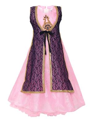 Pink Embroidered Nylon Kids-Girl-Gowns 1