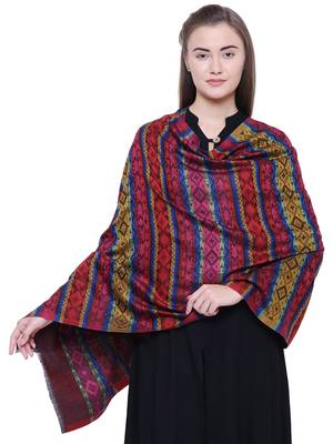 Anekaant Wine & Multicolour Modal Striped Woven Design Shawl 1