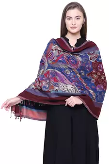 Anekaant Wine & Multicolour Viscose Rayon Floral and Paisley Woven Design Shawl