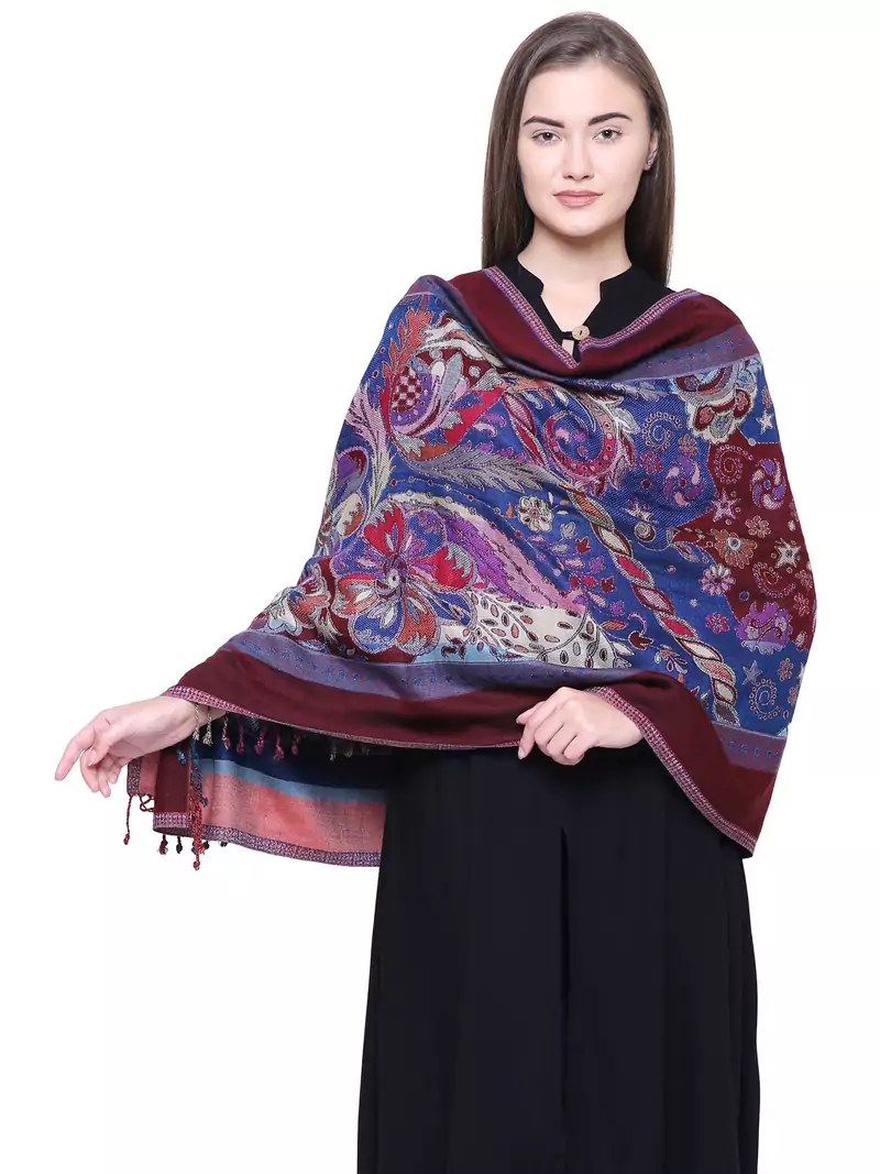 Anekaant Wine & Multicolour Viscose Rayon Floral and Paisley Woven Design Shawl