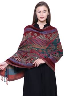 Anekaant Green, Wine & Multicolour Viscose Rayon Floral and Paisley Woven Design Shawl