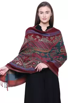 Anekaant Green, Wine & Multicolour Viscose Rayon Floral and Paisley Woven Design Shawl