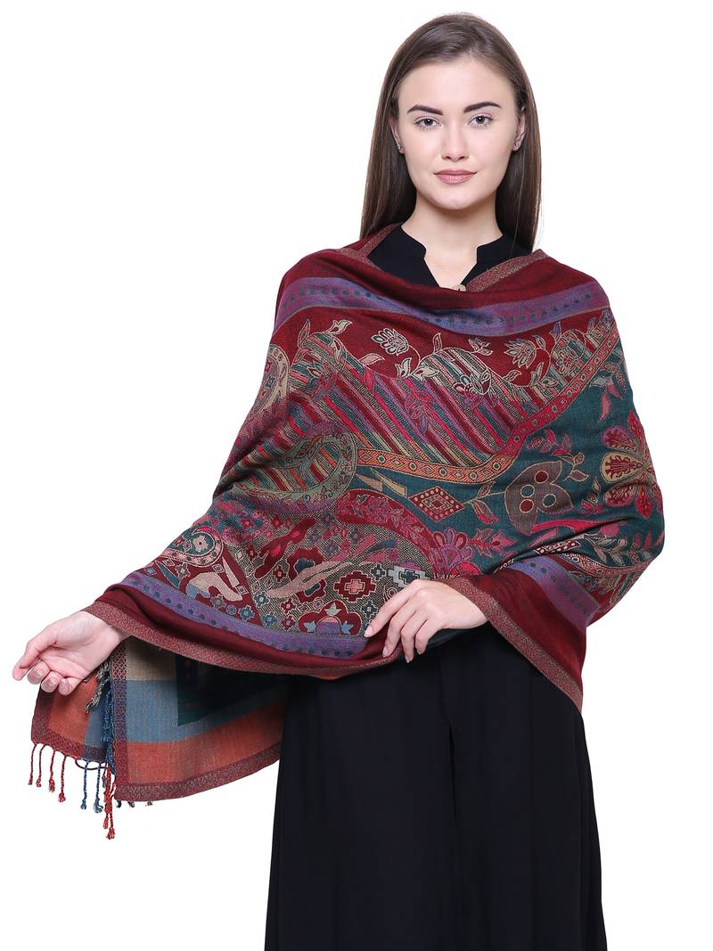 Anekaant Green, Wine & Multicolour Viscose Rayon Floral and Paisley Woven Design Shawl