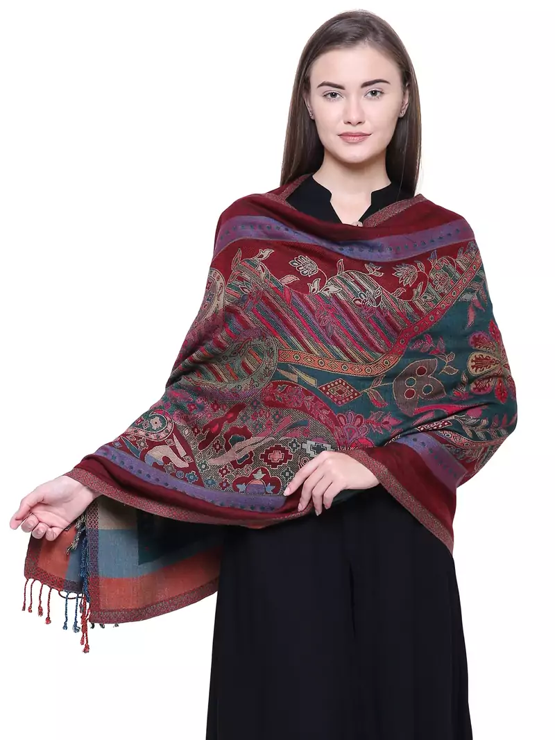 Anekaant Green, Wine & Multicolour Viscose Rayon Floral and Paisley Woven Design Shawl