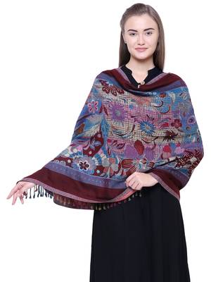 Anekaant Blue, Wine & Multicolour Viscose Rayon Floral and Paisley Woven Design Shawl 1