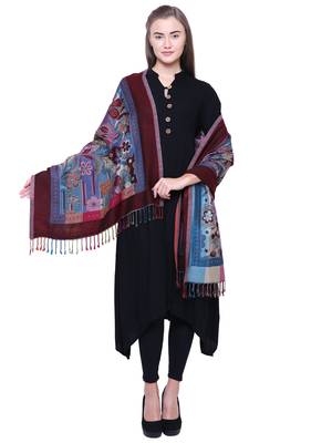 Anekaant Blue, Wine & Multicolour Viscose Rayon Floral and Paisley Woven Design Shawl 2