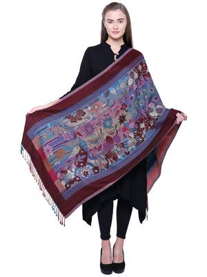 Anekaant Blue, Wine & Multicolour Viscose Rayon Floral and Paisley Woven Design Shawl 3