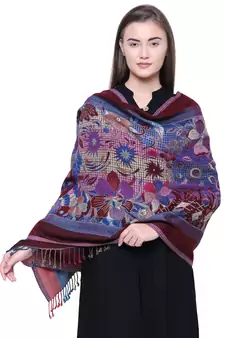 Anekaant Navy, Wine & Multicolour Viscose Rayon Floral and Paisley Woven Design Shawl