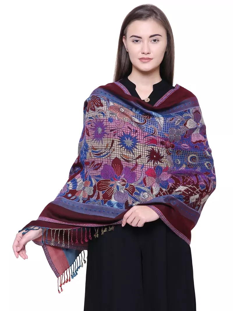 Anekaant Navy, Wine & Multicolour Viscose Rayon Floral and Paisley Woven Design Shawl