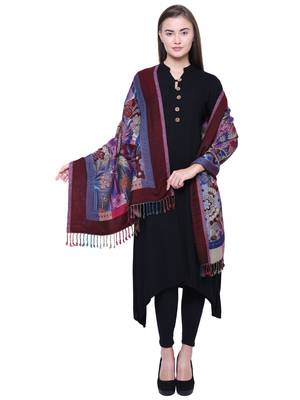 Anekaant Navy, Wine & Multicolour Viscose Rayon Floral and Paisley Woven Design Shawl 2