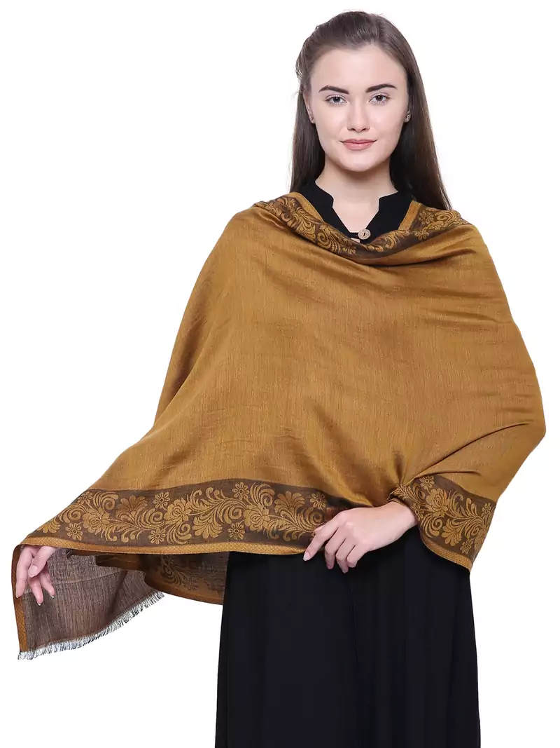 Anekaant Mustard Modal Floral Boder Woven Design Shawl