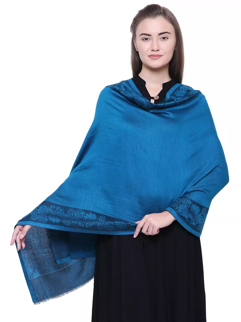Anekaant turquoise Modal Floral Boder Woven Design Shawl