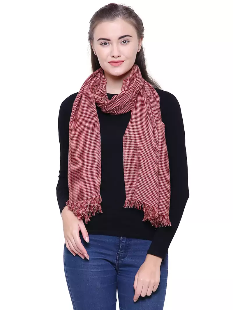 Anekaant Red & White Viscose Rayon Checked Woven Design Stole