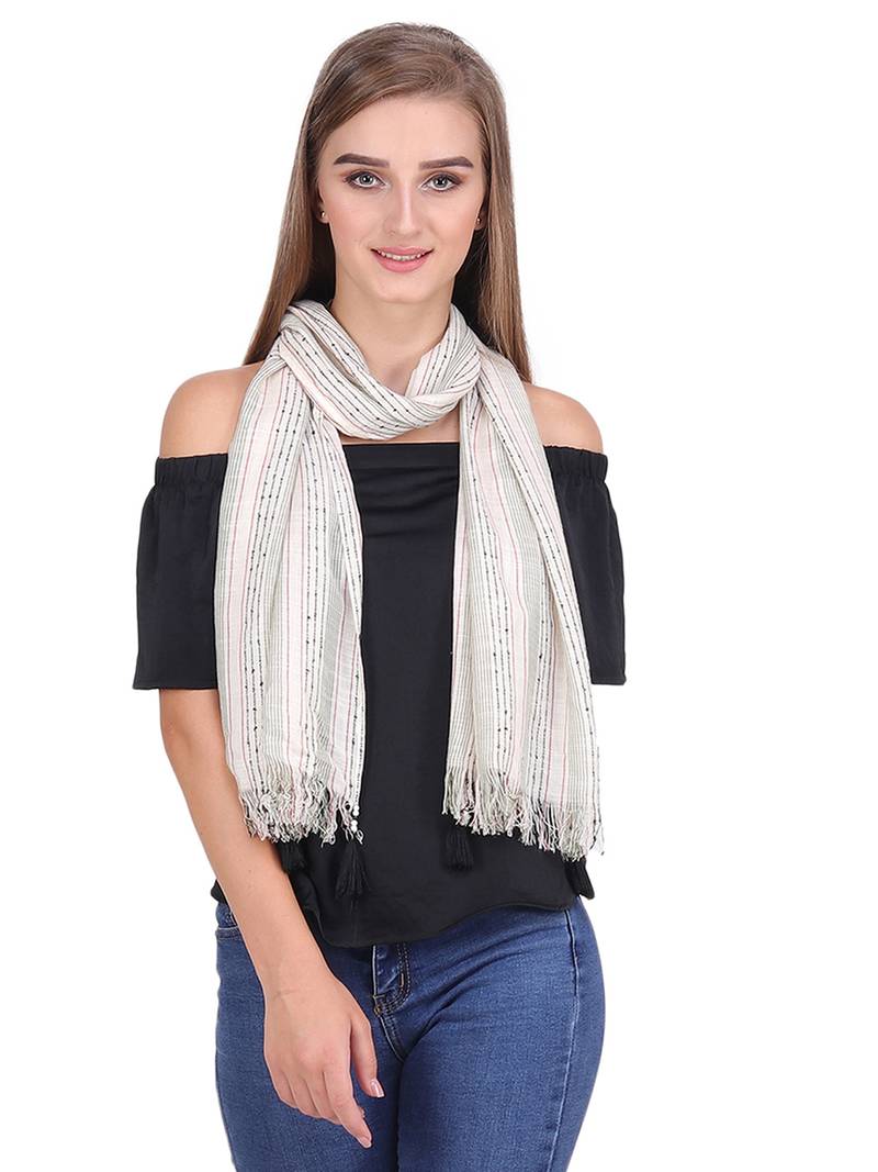 Anekaant Off White and Multicolour Cotton Long Scarf (50X180 cm)