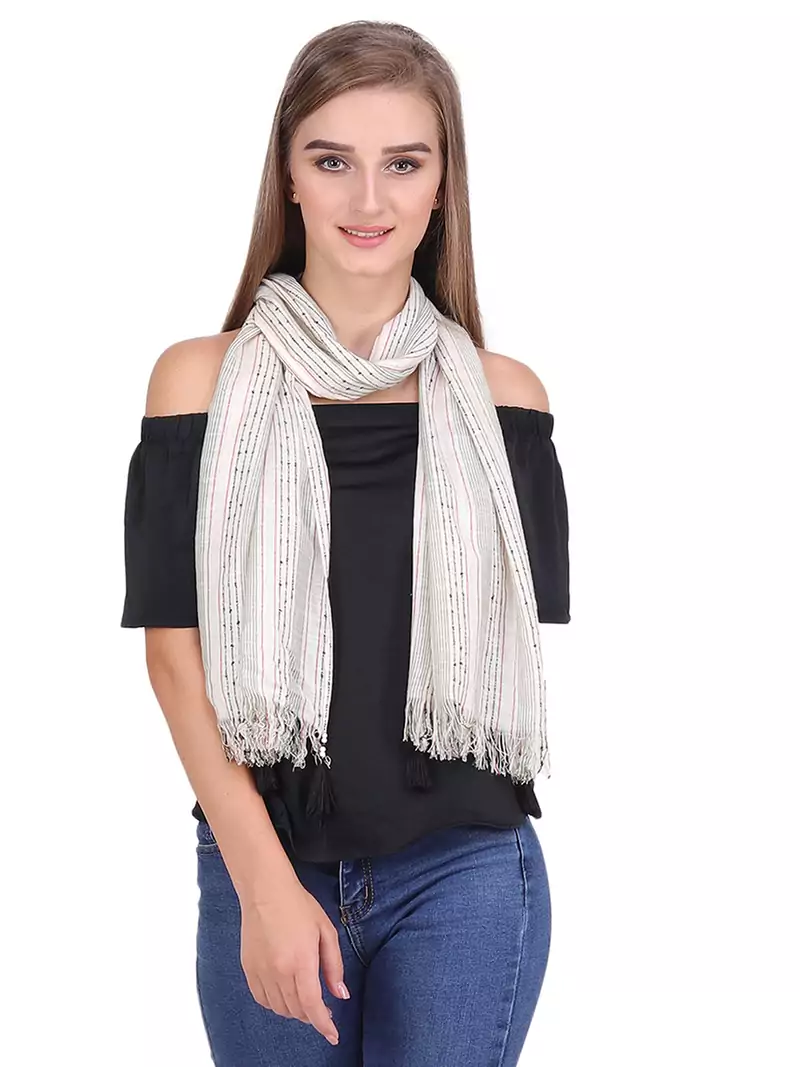 Anekaant Off White and Multicolour Cotton Long Scarf (50X180 cm)