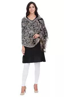 Anekaant Black & Beige Viscose Rayon Paisley Floral Woven Design Shawl