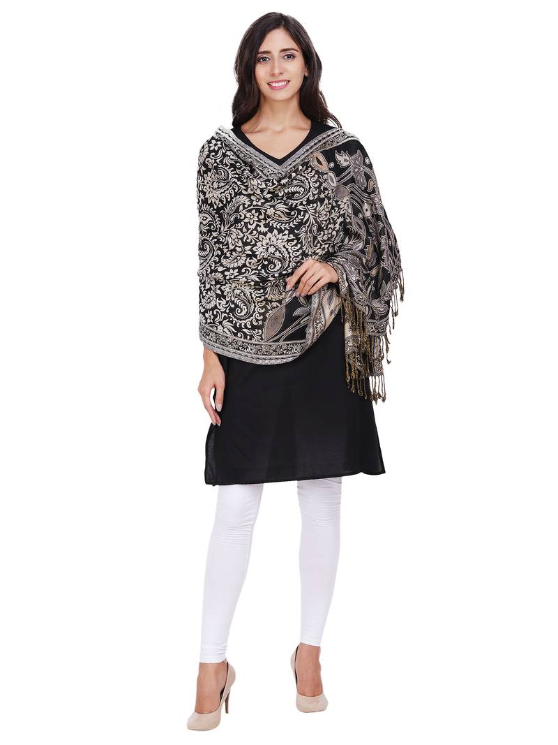 Anekaant Black & Beige Viscose Rayon Paisley Floral Woven Design Shawl