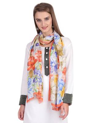Orange & Multicolour Modal Printed Floral Frayed Scarf 1